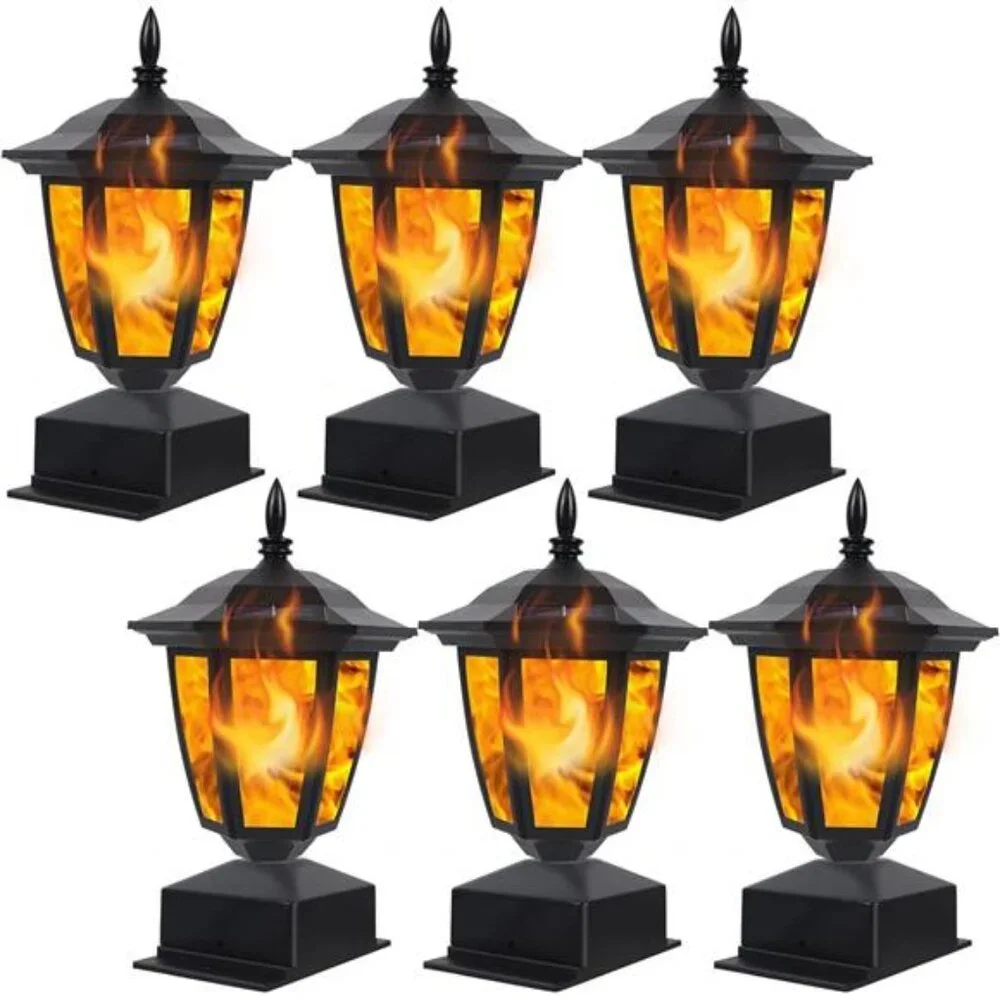 Dynaming Solar Flame Post Lights - Flickering LED Lanterns, Waterproof, 6 Pack